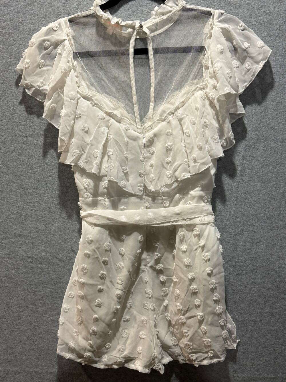 Luxxel White Swiss Dot Ruffle Romper Medium Sheer Mesh Tie Waist Bridal